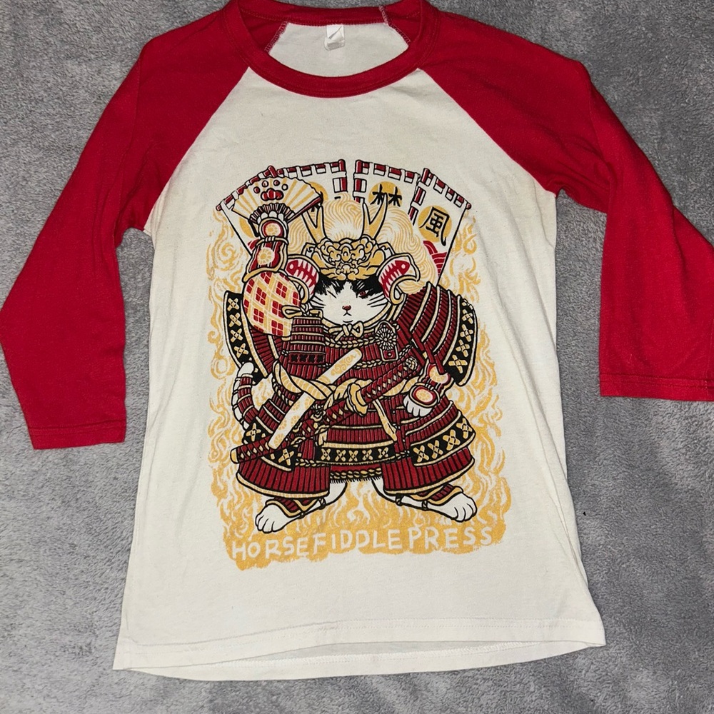 Bella Canvas Samurai Cat Raglan Tee - Red & Cream